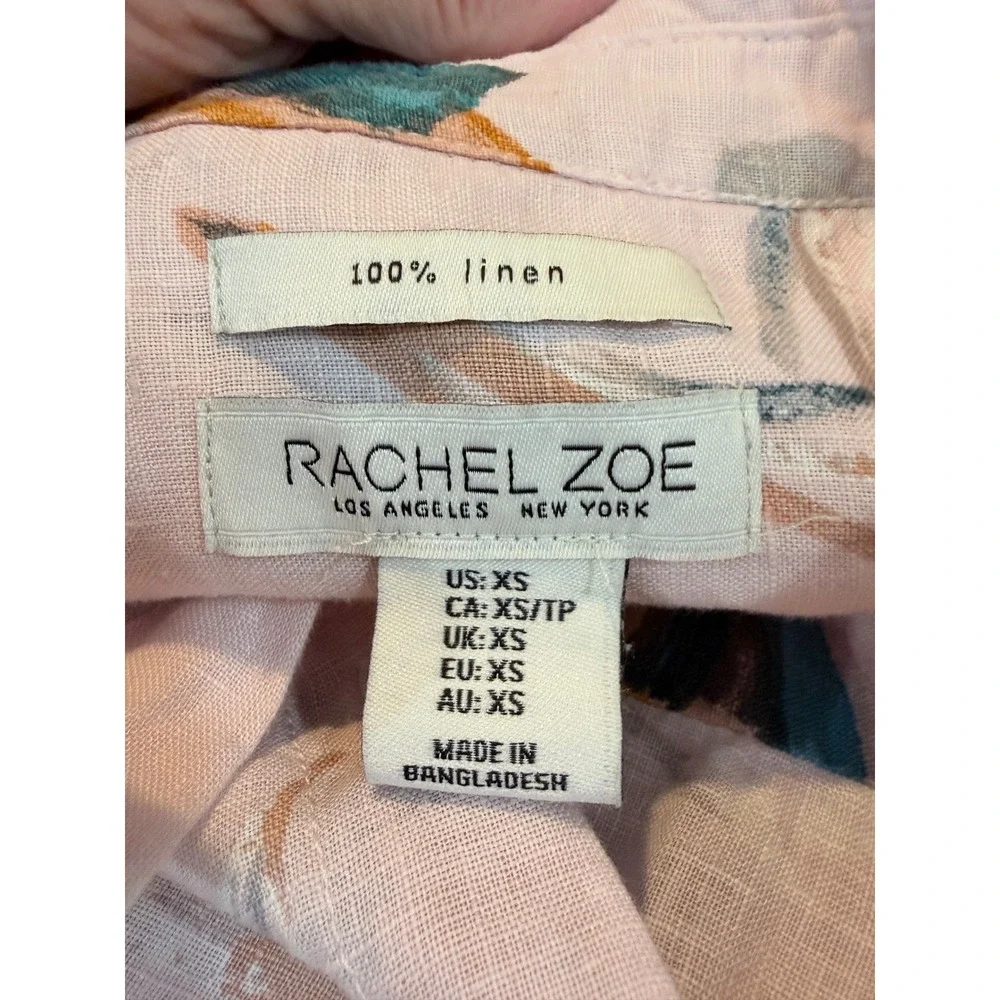 Rachel Zoe Pink Floral 100% Linen Button Front Shirt Dress with‎ Pockets XS